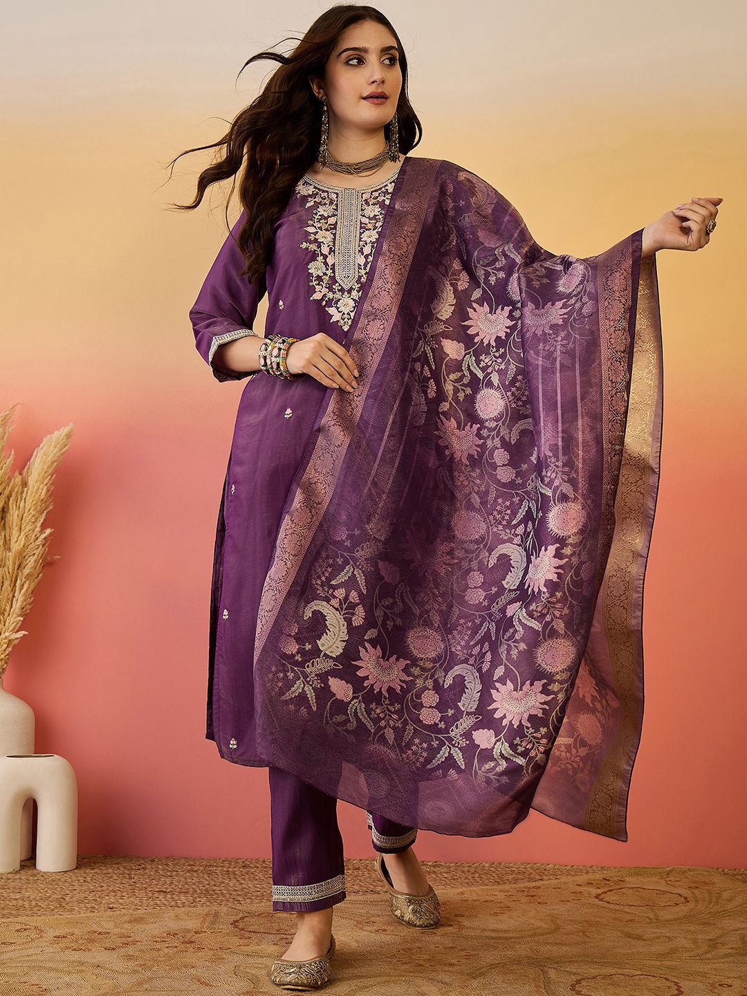 

Sangria Floral Embroidered Sequinned Straight Kurta With Trouser And Dupatta, Purple