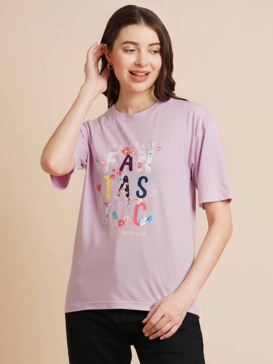 

ANJIR Women Typography Printed Round Neck T-shirt, Mauve