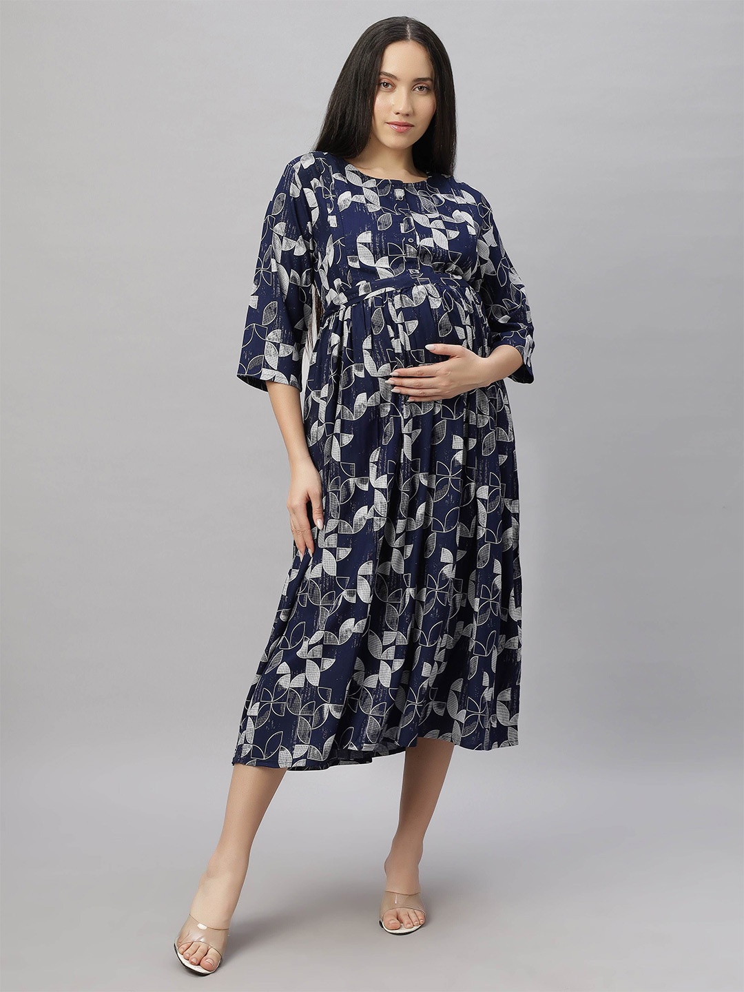 

DZZO Women Tropical Printed Round Neck Long Sleeves Midi Maternity Fit & Flare Dress, Navy blue