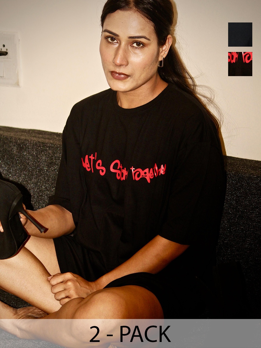 

BANGS AND CRACKLES Women Dual Fusion Typography Printed Cotton Oversized T-shirt, Black