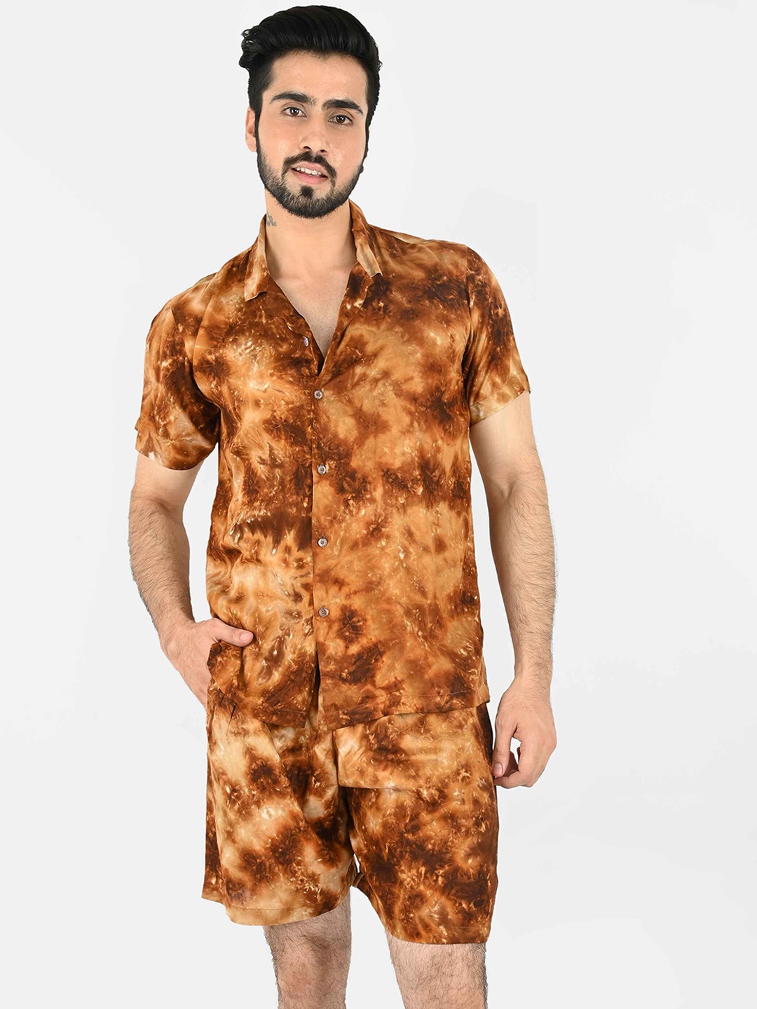 

Blissence Abstract Printed Shirt Collar Pure Cotton Shirt With Shorts, Brown