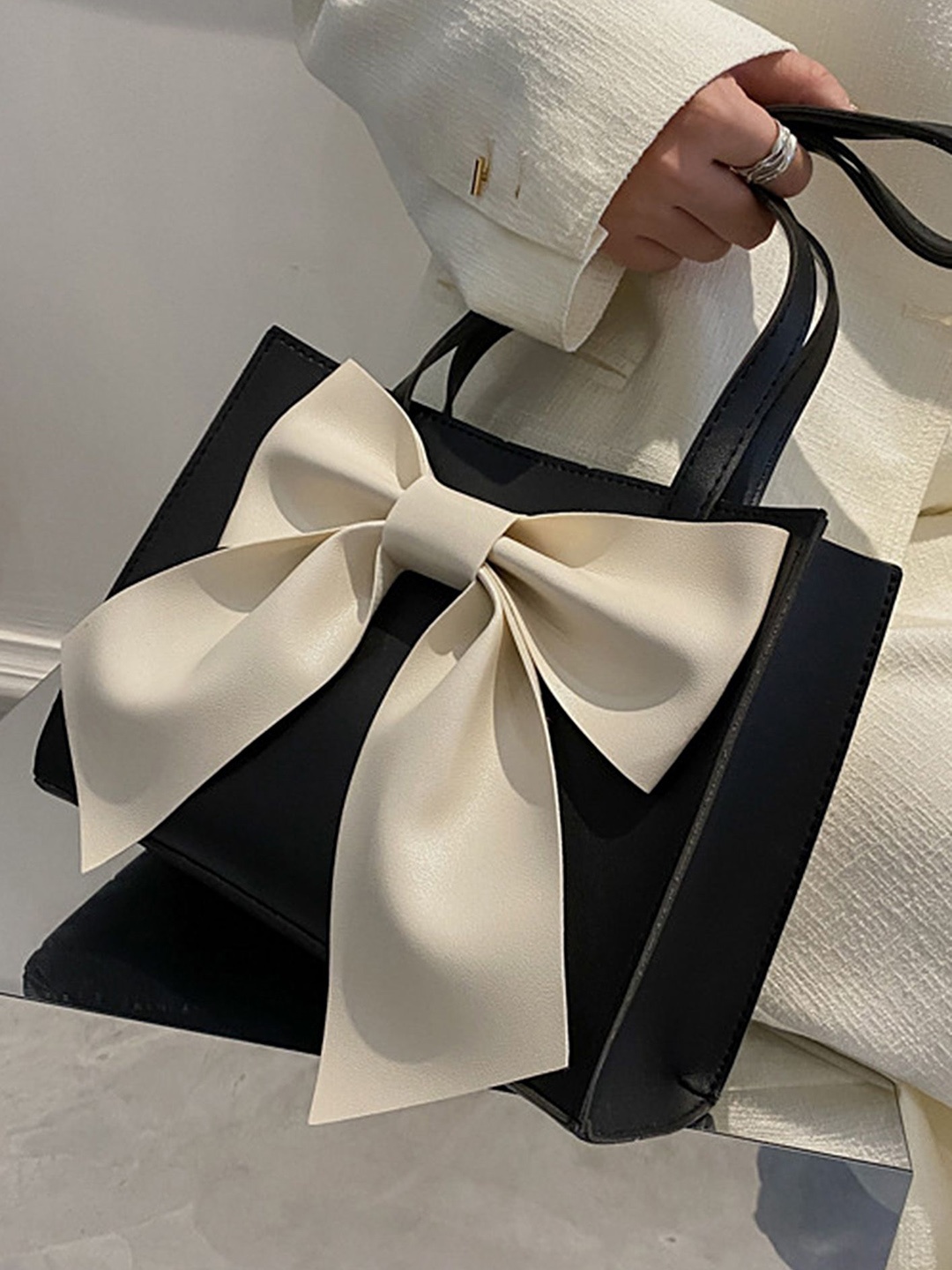 

LULU & SKY Colourblocked PU Structured Handheld Bag with Bow Detail, Black
