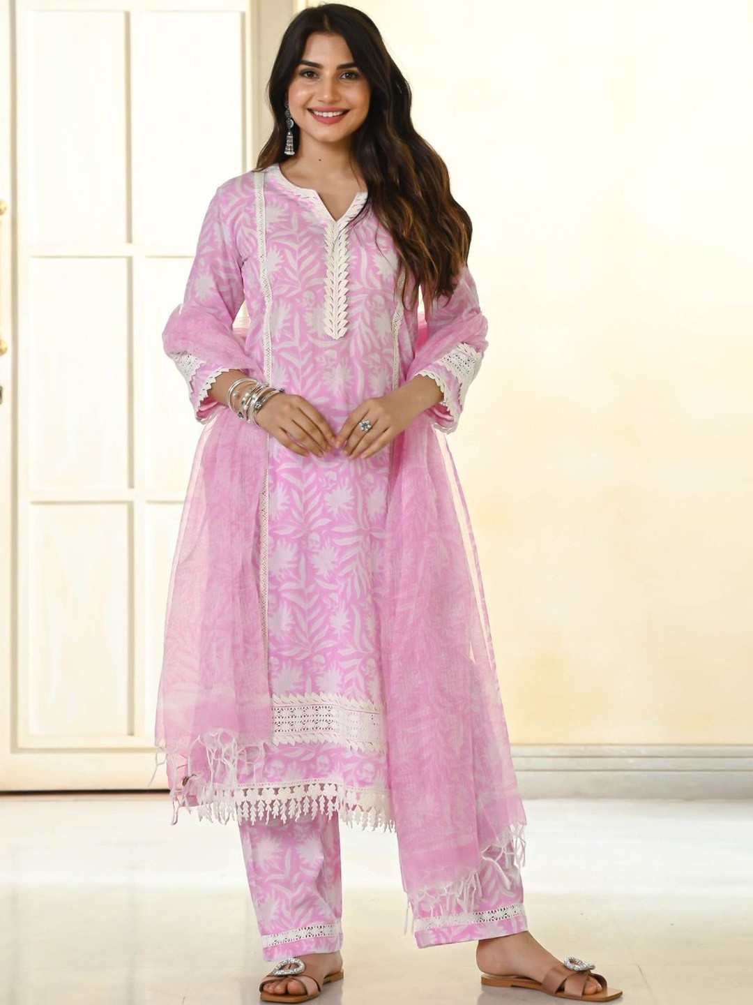 

KALINI Floral Printed Notch Neck Lace Work Kurta With Trousers & Dupatta, Pink