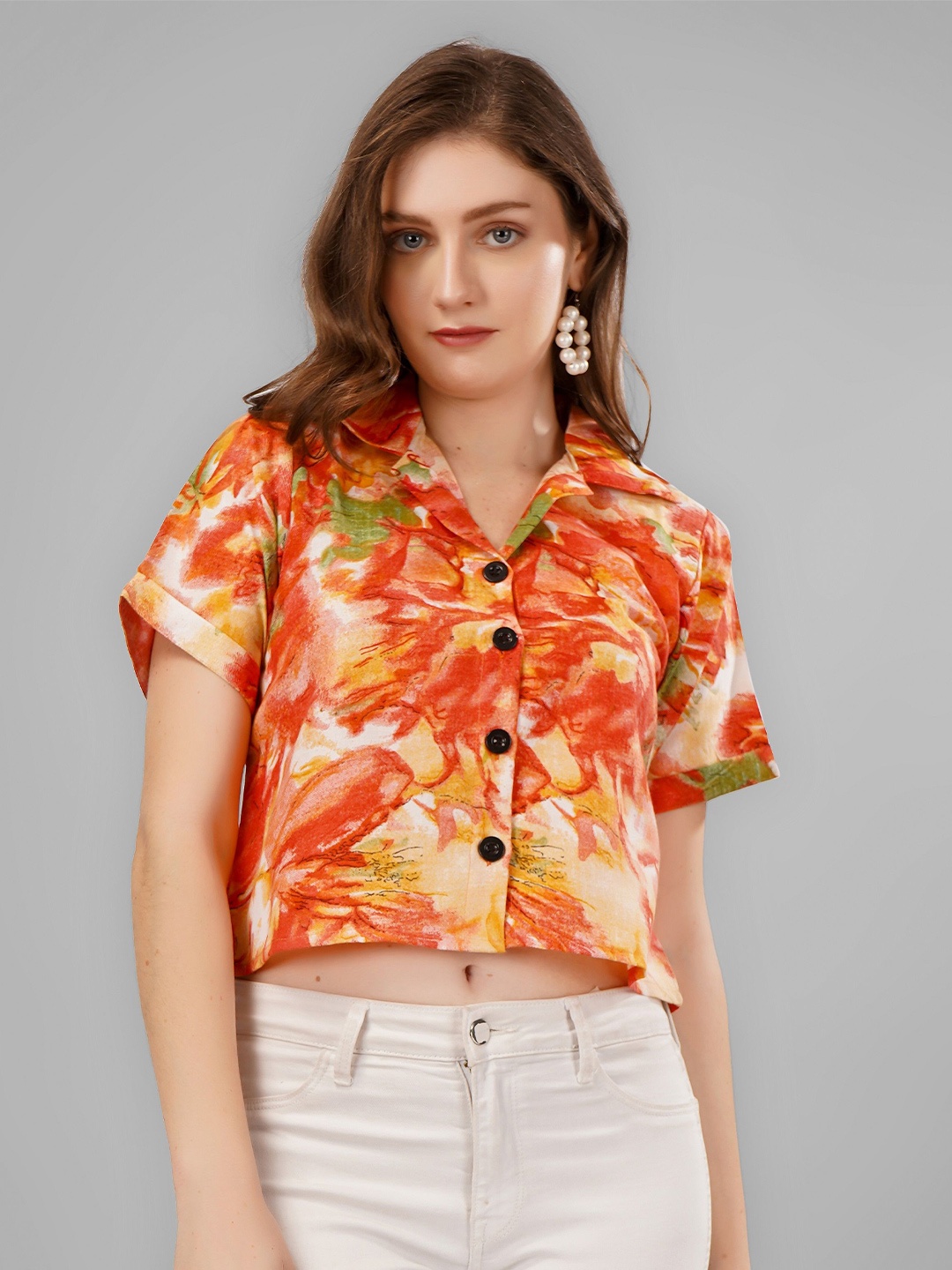 

Milastru Cotton Printed Party Crop Shirt, Orange