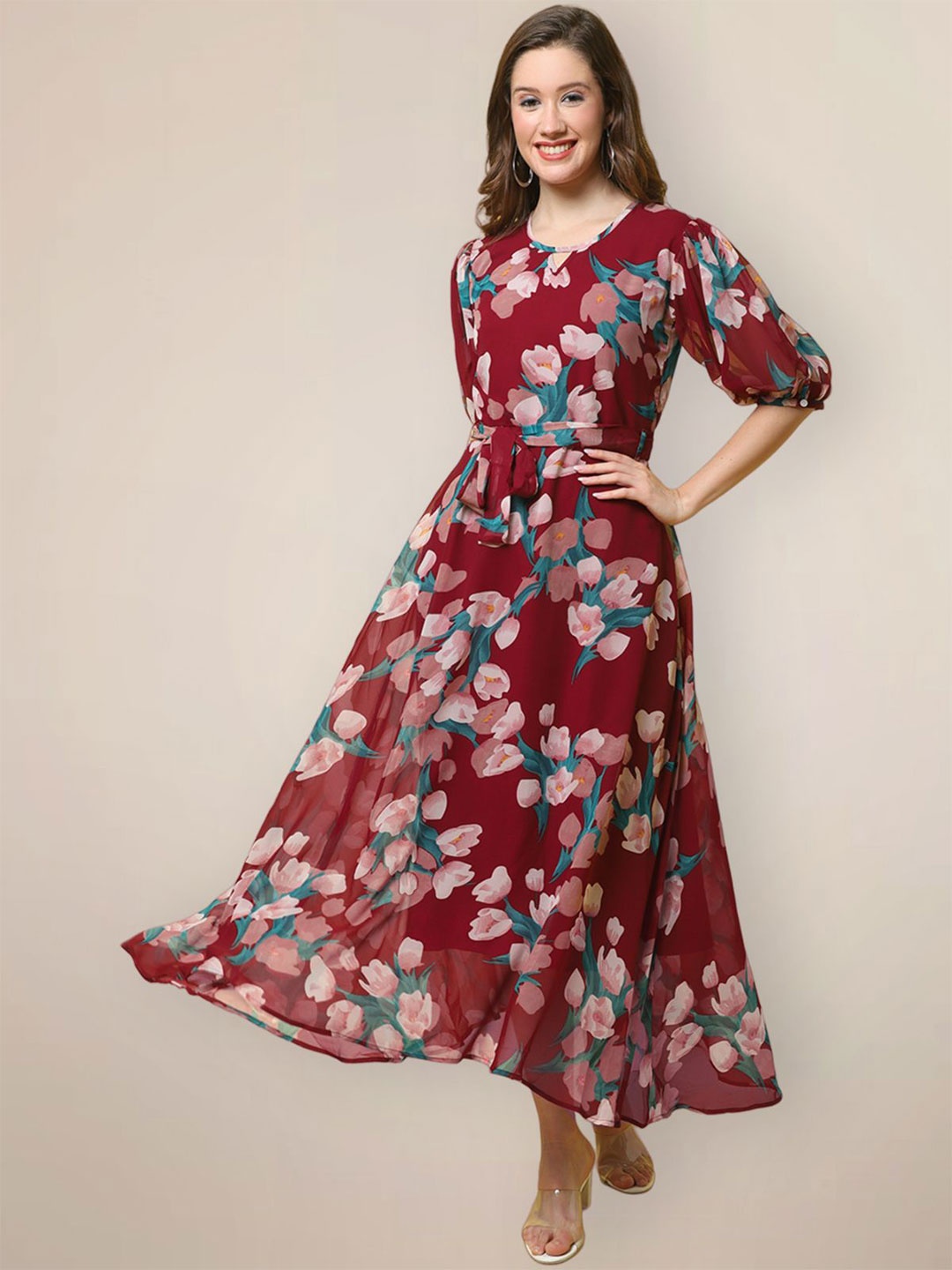 

Tromko Women Floral Print Georgette High Low A-line Midi Dress, Maroon