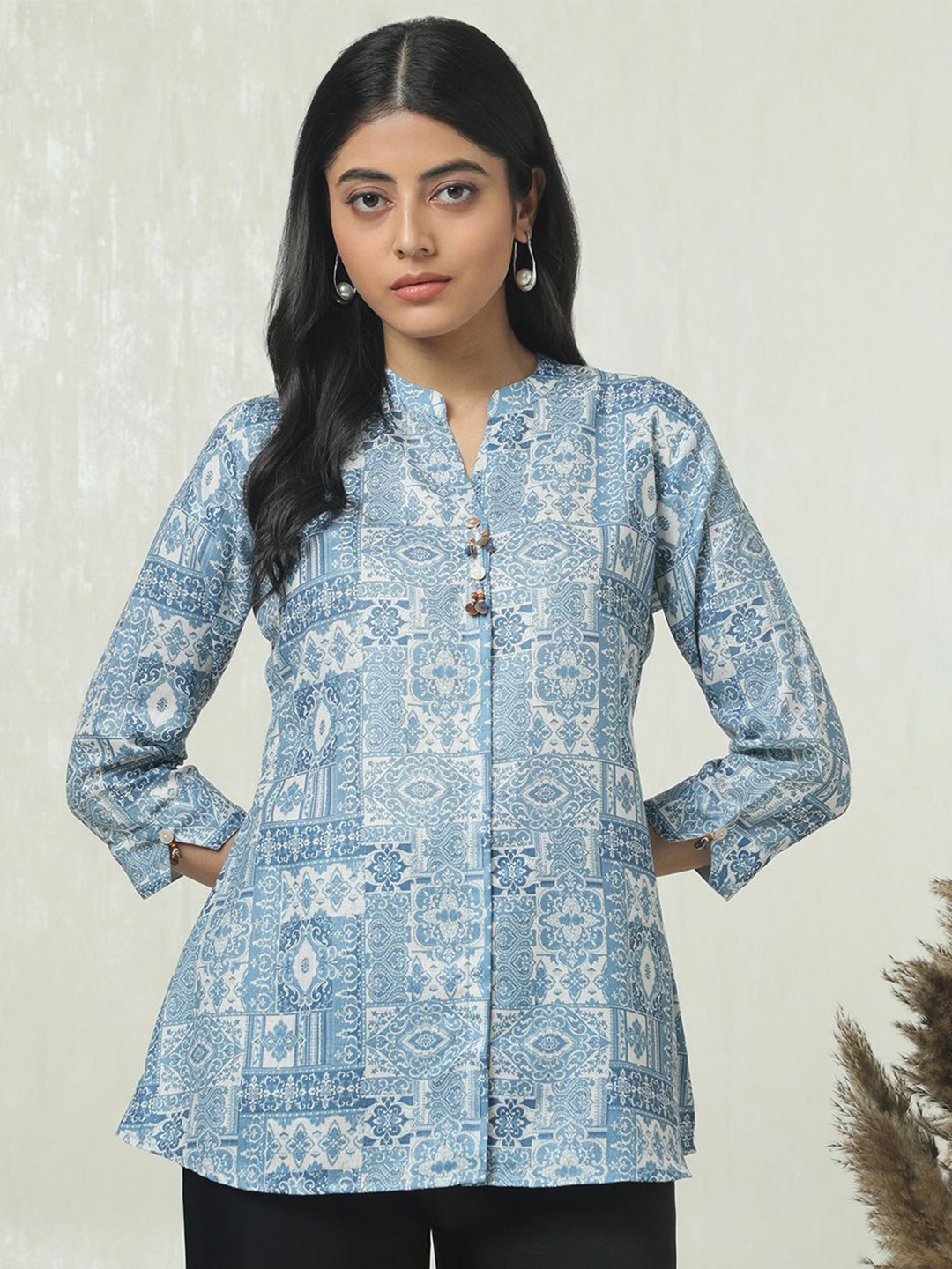 

Soch Linen Mandarin Collar Printed Tunic, Blue