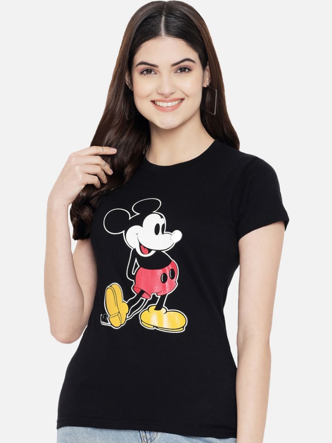 

Tromko Women Mickey Mouse Graphic Printed Round Neck Regular Fit Cotton T-shirt, Black