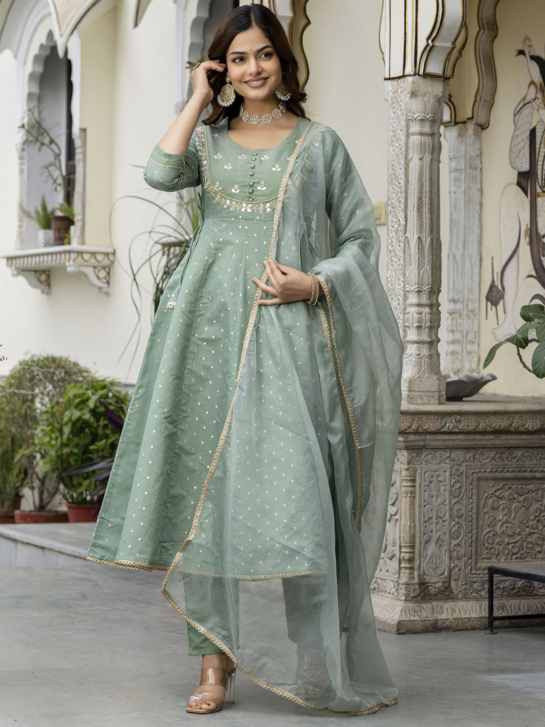 

EthniFlair Geometric Woven Design Chanderi Silk Anarkali Kurta With Trouser And Dupatta, Green