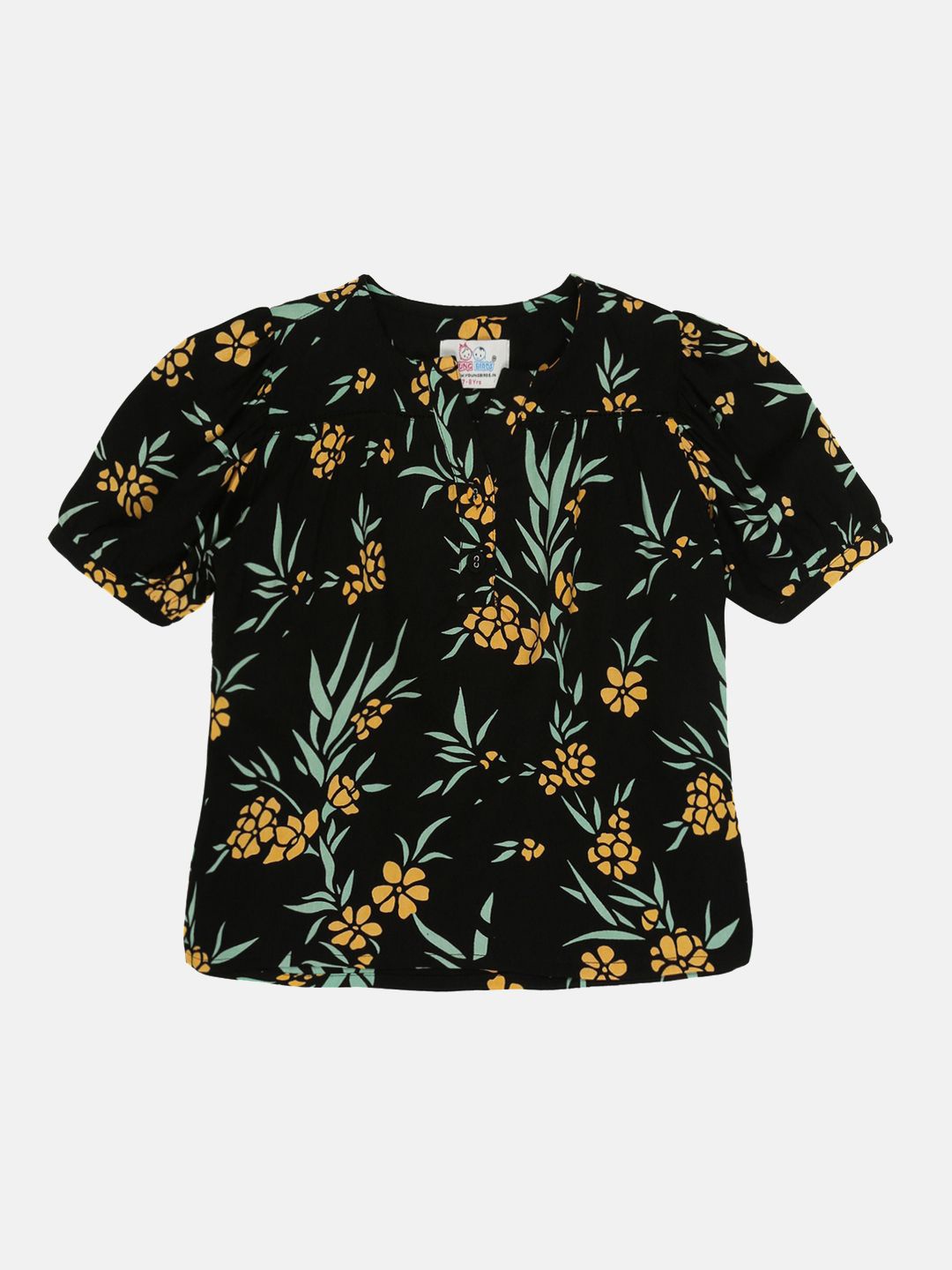

YOUNG BIRDS Tropical Print Keyhole Neck Top, Black