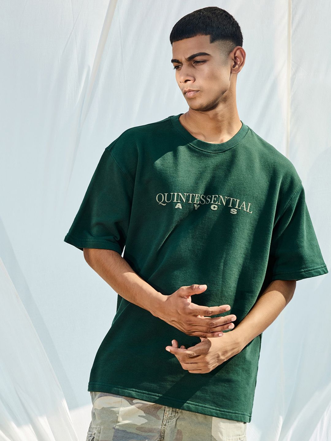 

AYCS Men Typography Printed Round Neck Cotton Oversized T-shirt, Green