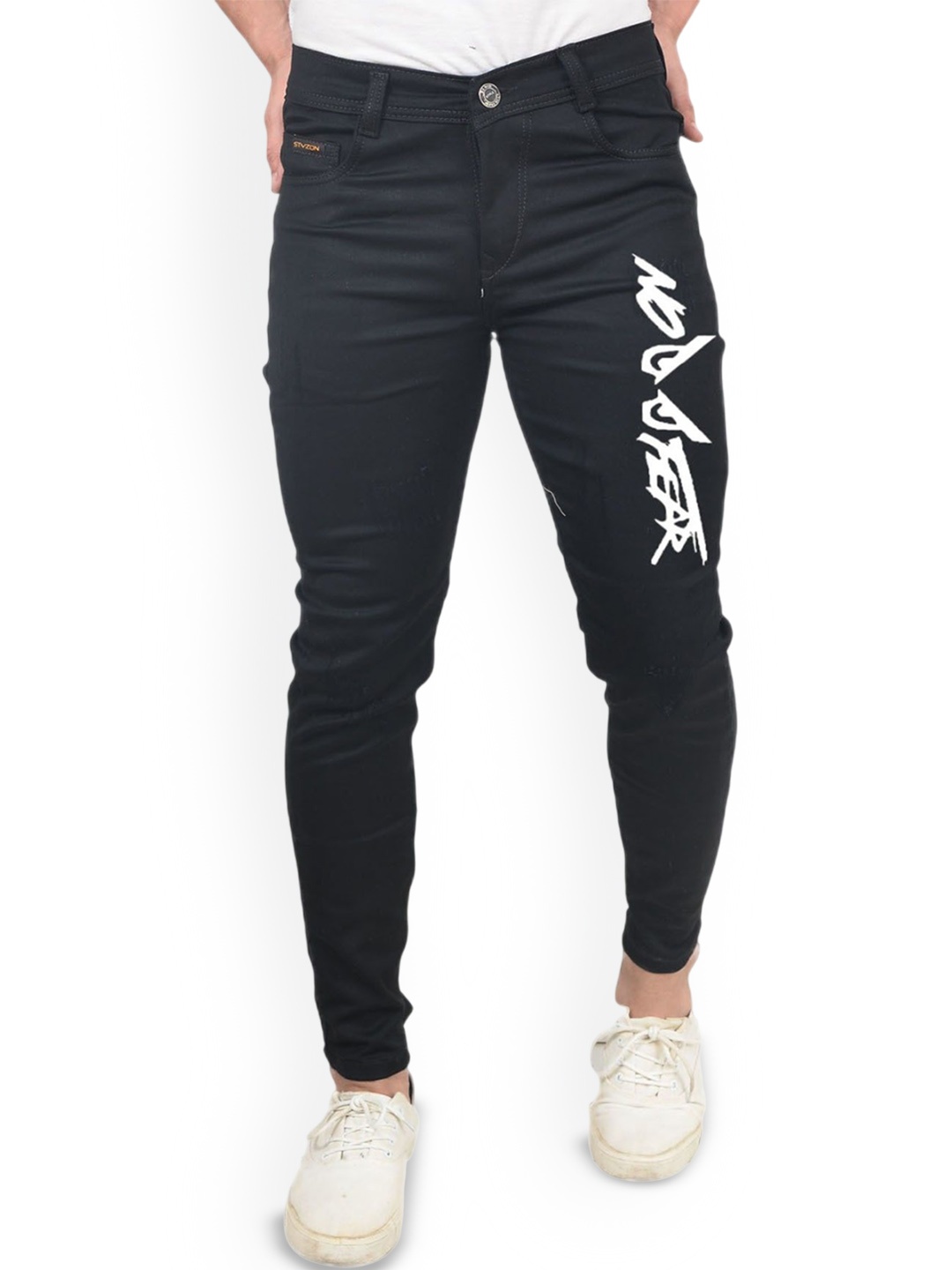 

styzon Men Printed Skinny Fit Stretchable Low Distress Jeans, Black