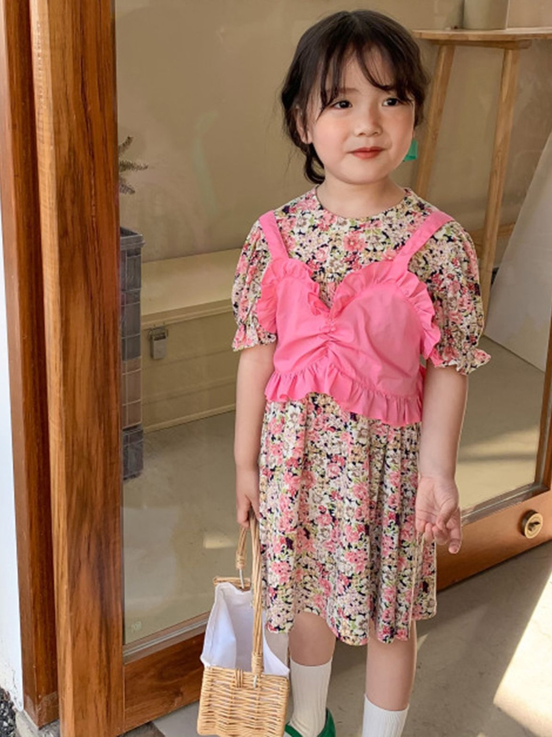 

LULU & SKY Girls Floral Printed Round Neck Puff Sleeves A-Line Dress, Pink
