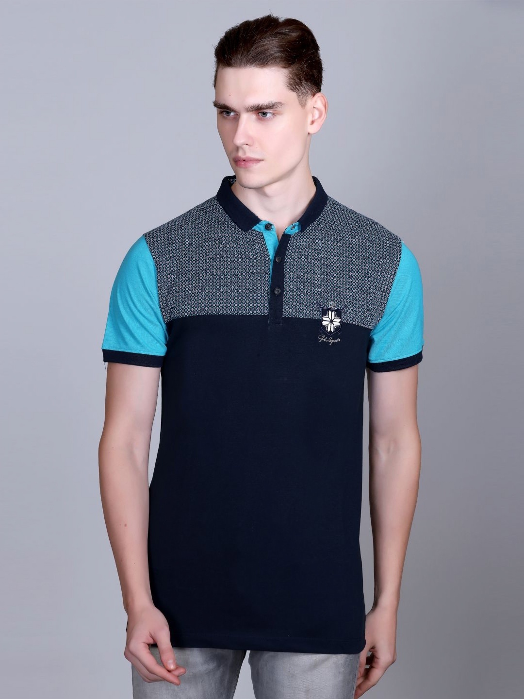 

CONFIDENCE Men Colourblocked Polo Collar Cotton Slim Fit T-shirt, Blue