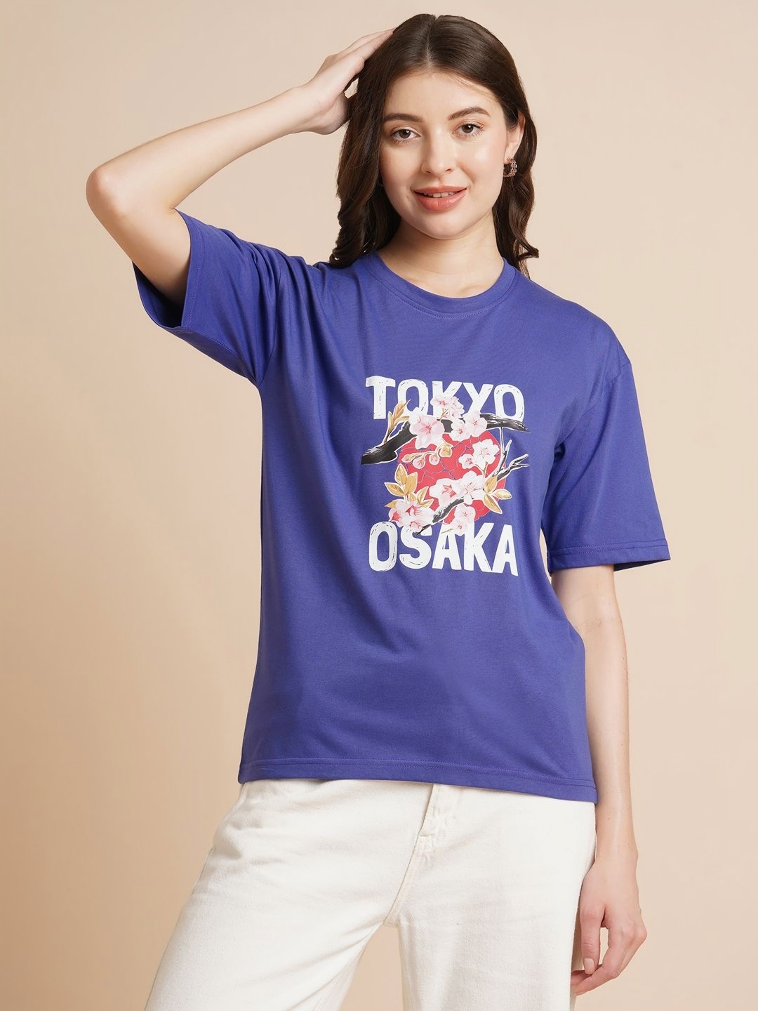 

ANJIR Women Graphic Printed Round Neck Oversized T-shirt, Blue