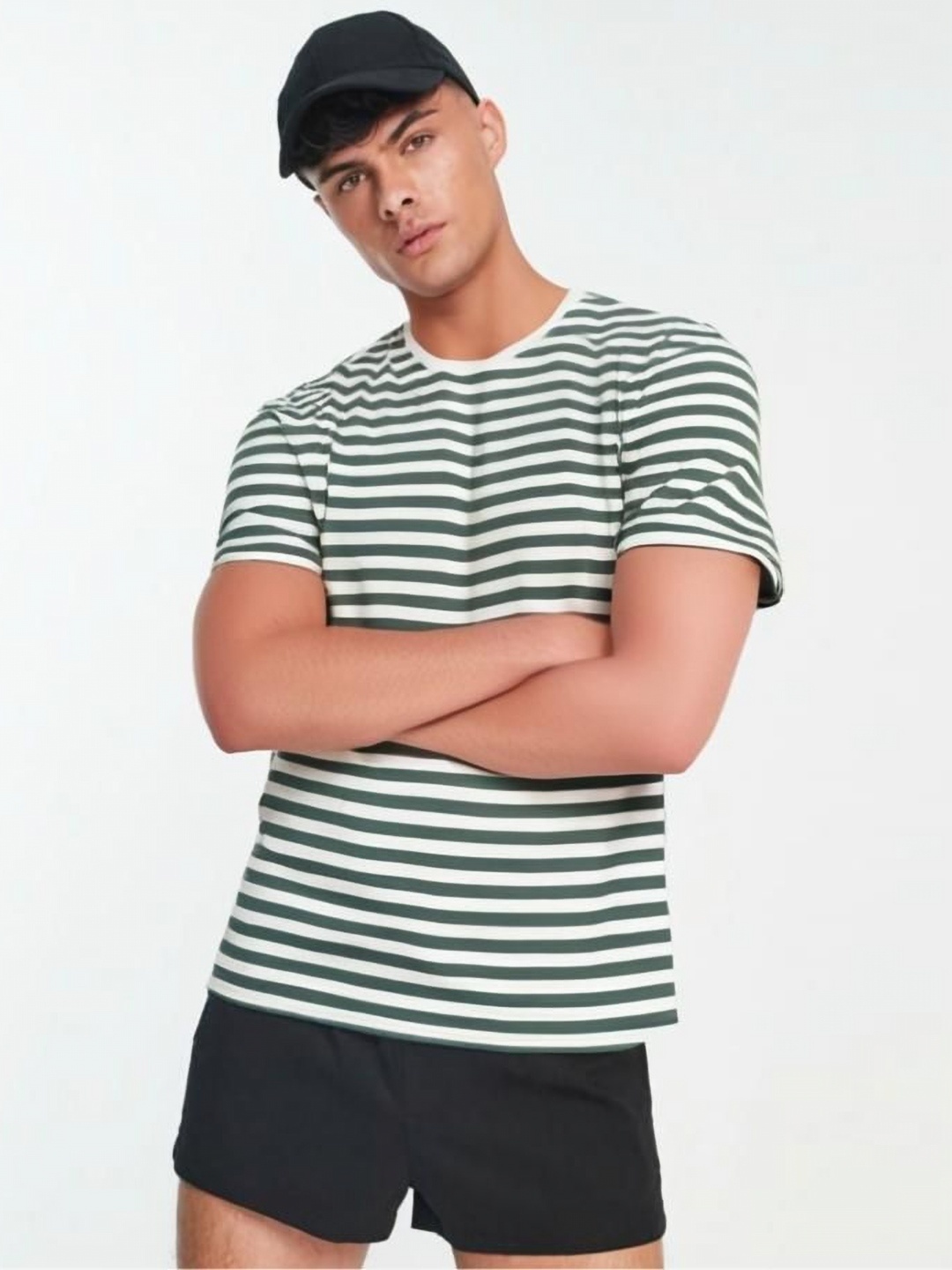 

MACK JONNEY Men Striped Round Neck Cotton Oversized T-shirt, Green