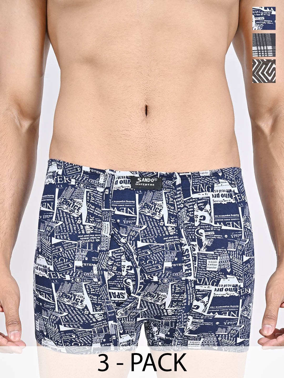 

SANDO Pack Of 3 Printed Pure Cotton Trunks GENIUS-04-05-07, Navy blue