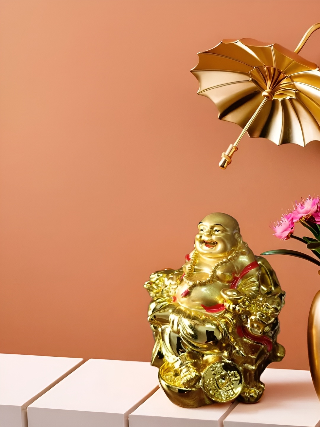 

Vrinban International Gold-toned Buddha With Umbrella Religious Idol Marble Showpiece, Yellow