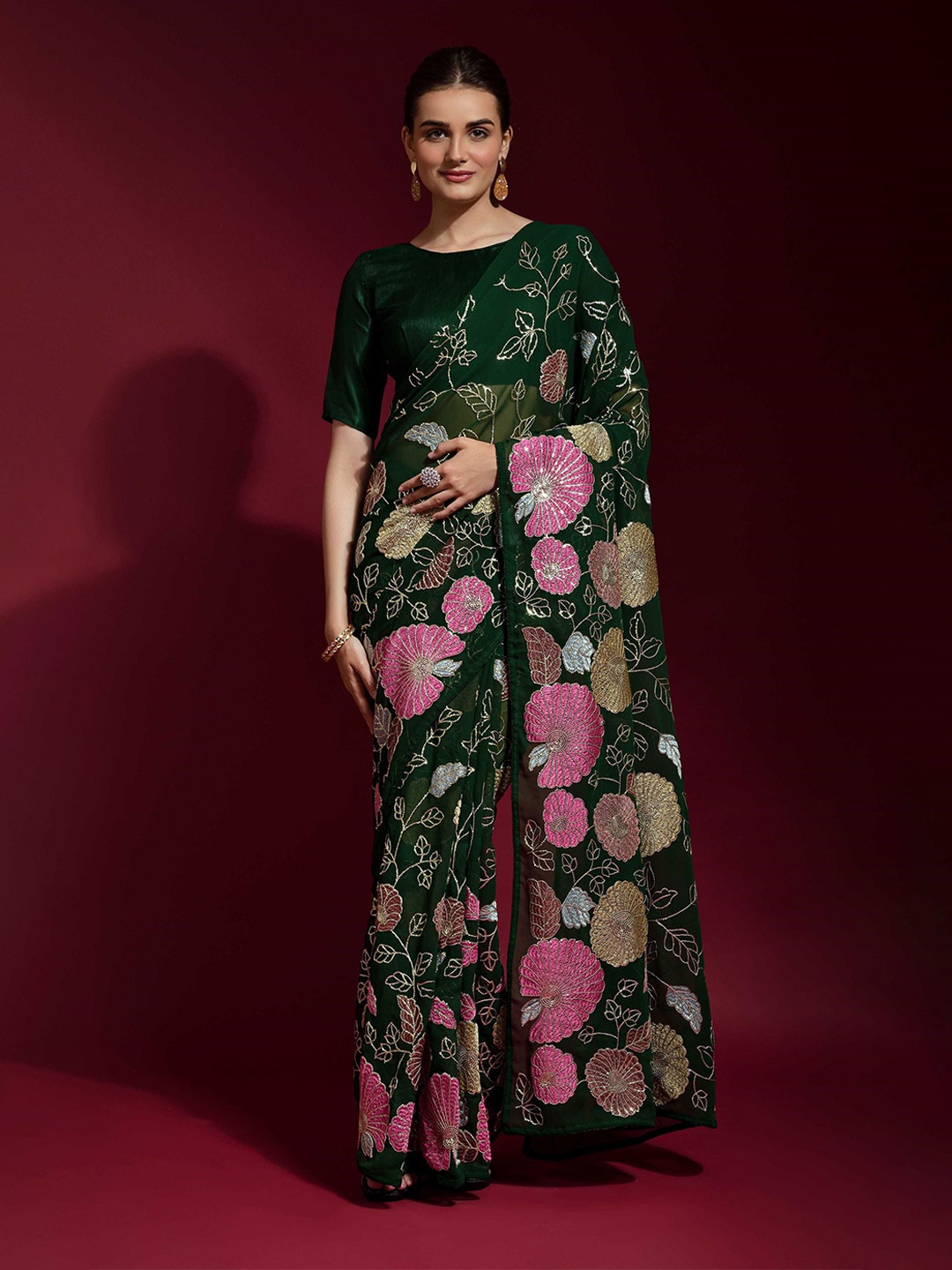 

DIVASTRI Floral Sequinned Poly Georgette Designer Saree, Green
