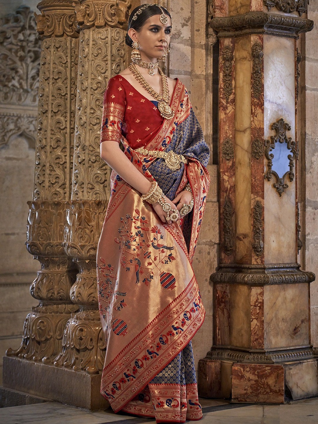 

MAHALASA Woven Design Pure Silk Paithani Saree, Navy blue