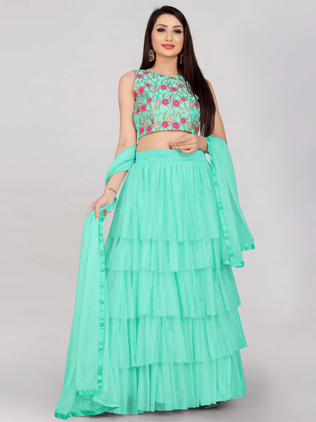 

DIVASTRI Floral Embroidered Thread Work Semi-Stitched Lehenga Choli With Dupatta, Sea green
