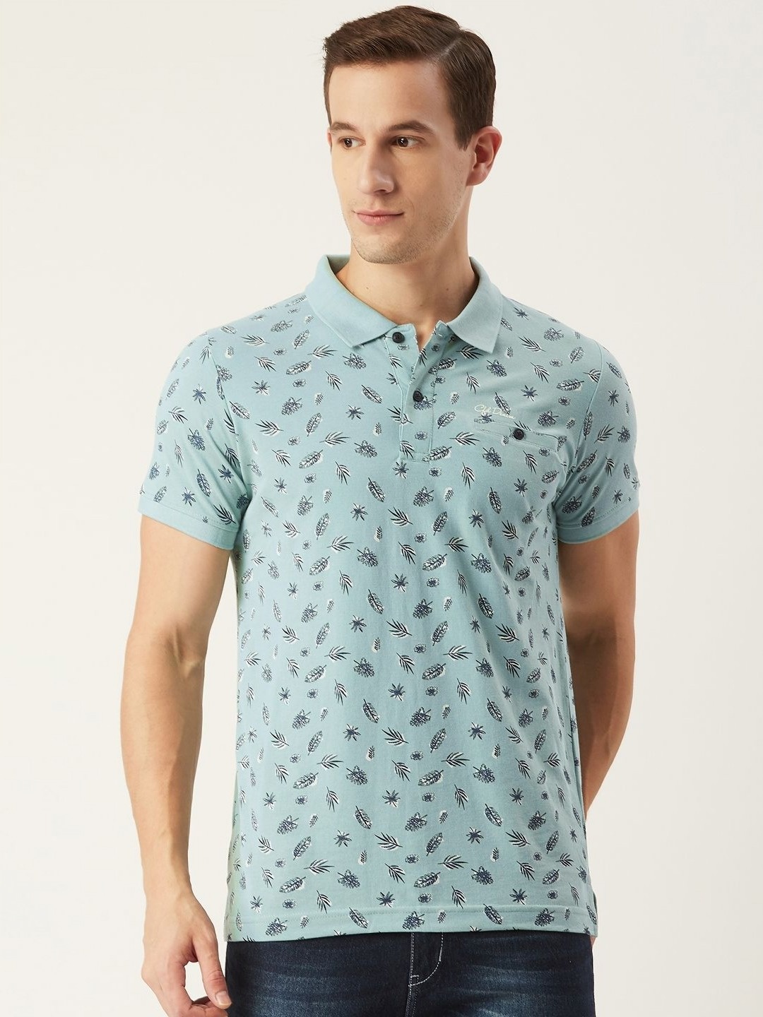 

CONFIDENCE Men Floral Printed Polo Collar Cotton Slim Fit T-shirt, Green