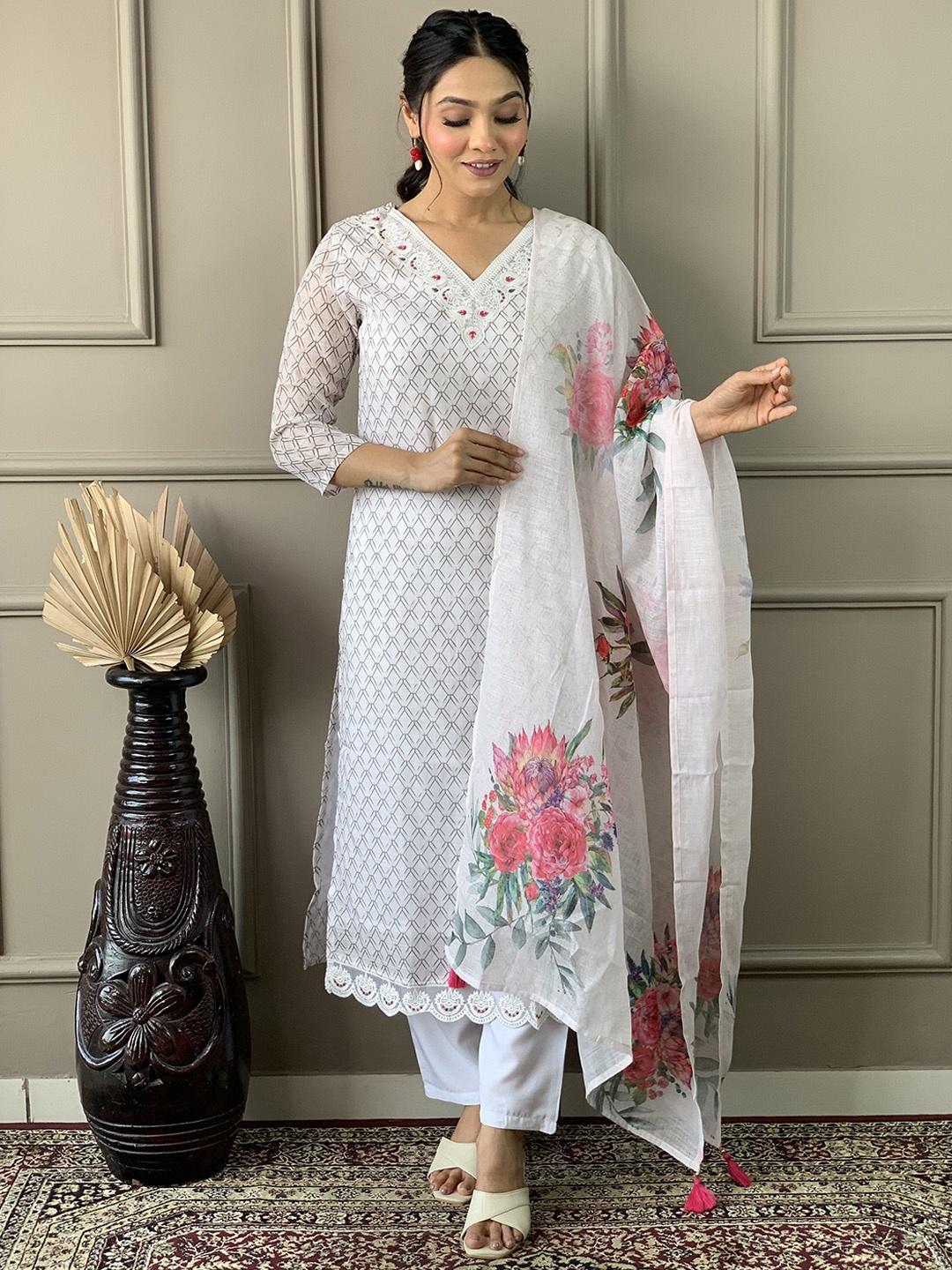

KALINI Geometric Printed V Neck Embroidered Pure Cotton Kurta With Trousers & Dupatta, White