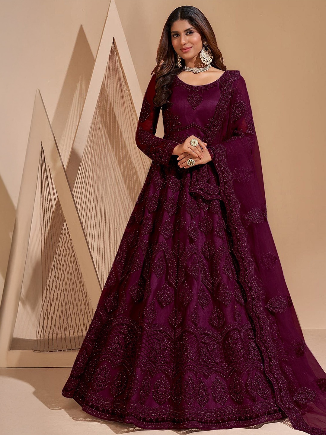 

Aika Women Floral Embroidered Net Semi-Stitched Gown With Dupatta, Purple