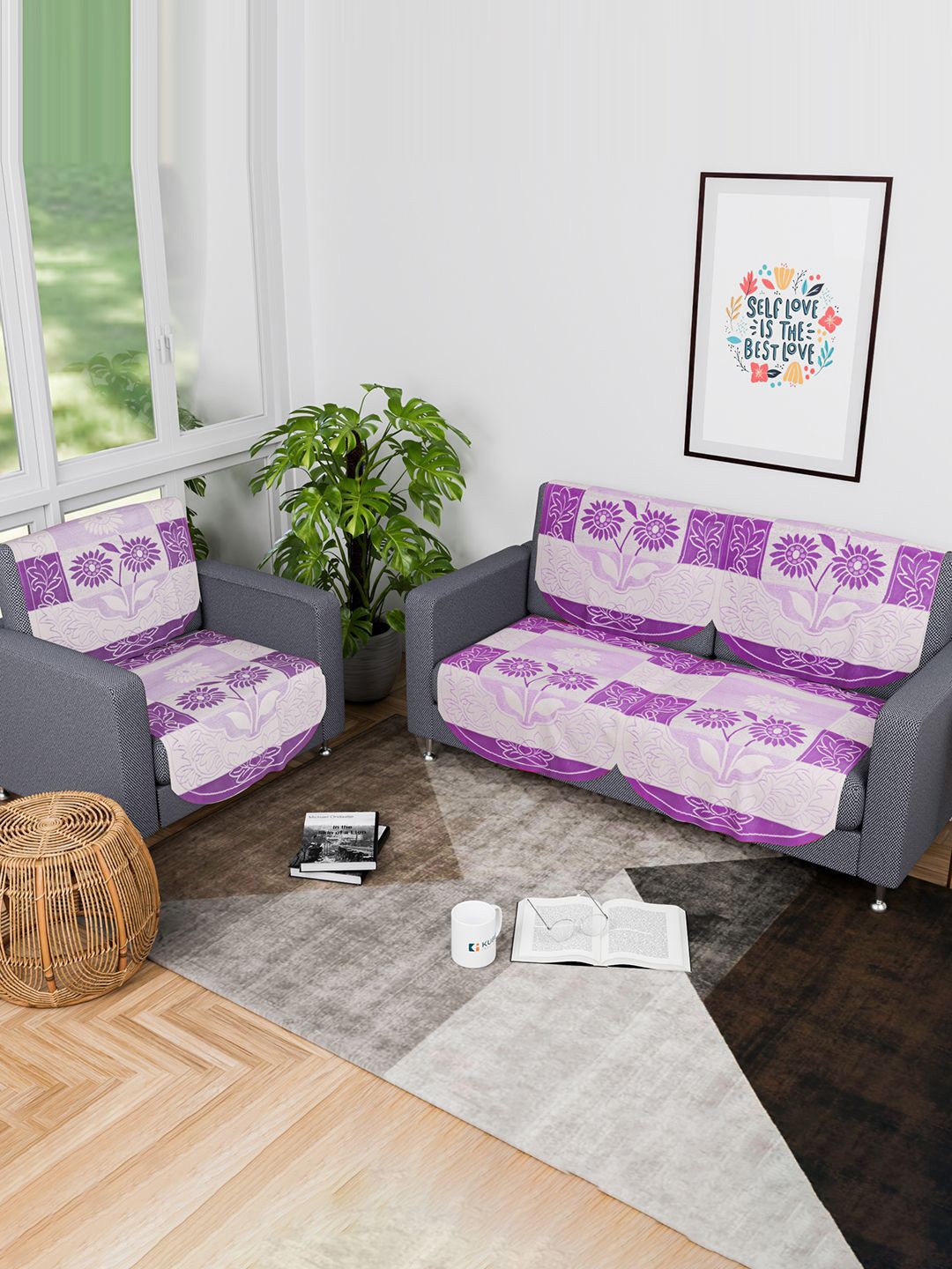 

Kuber Industries Purple & White 6 Pieces Floral Printed Cotton 3 Seater Sofa Covers
