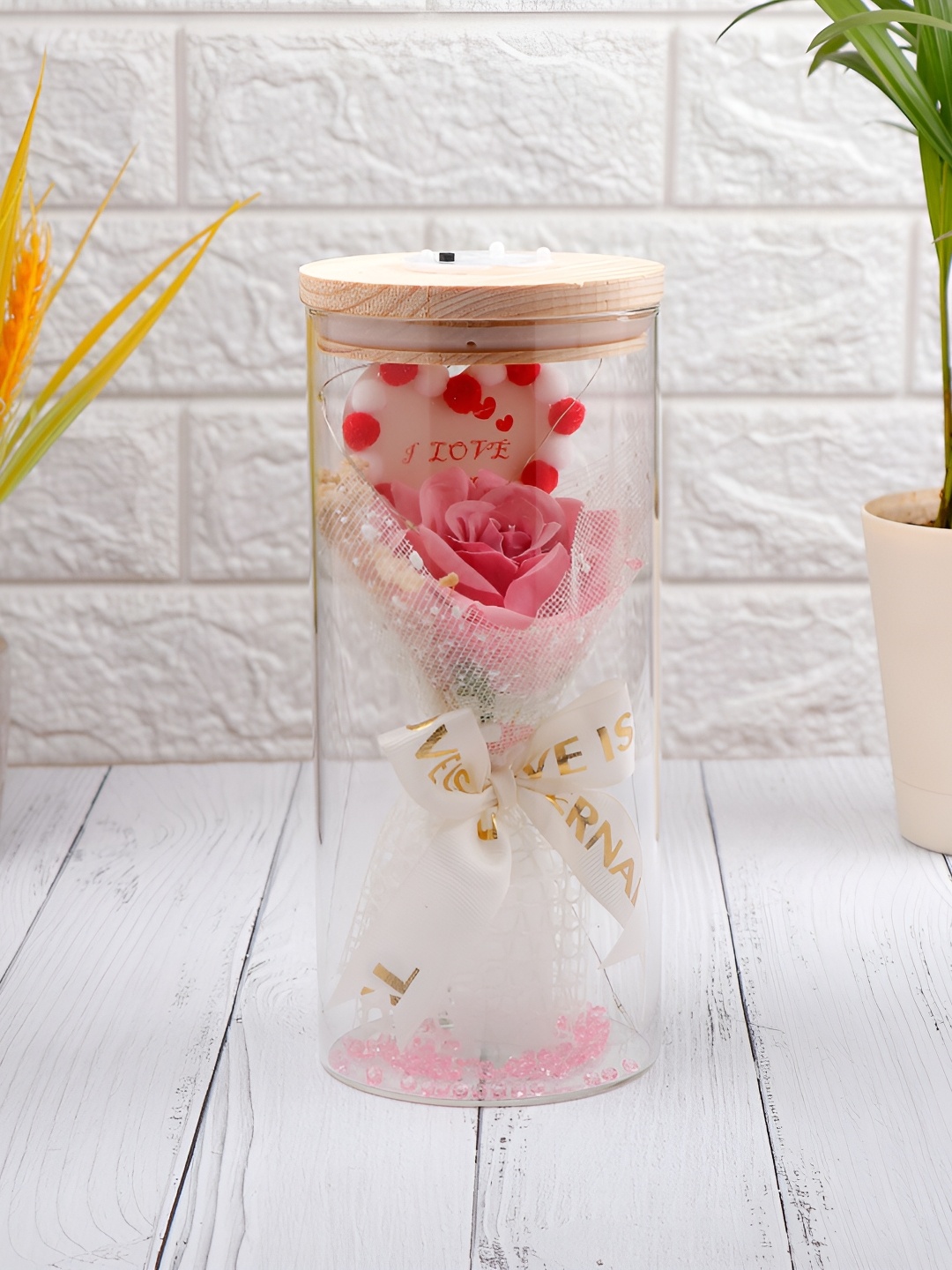 

Archies Pink Roses LED Glass Figurine Showpiece, Transparent