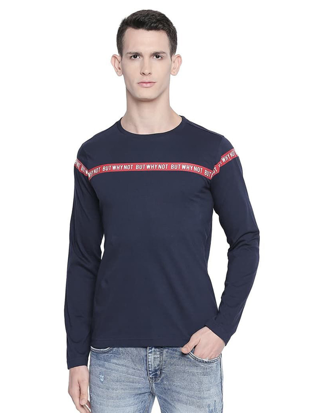 

Basics Men Typography Printed Round Neck Cotton T-shirt, Navy blue