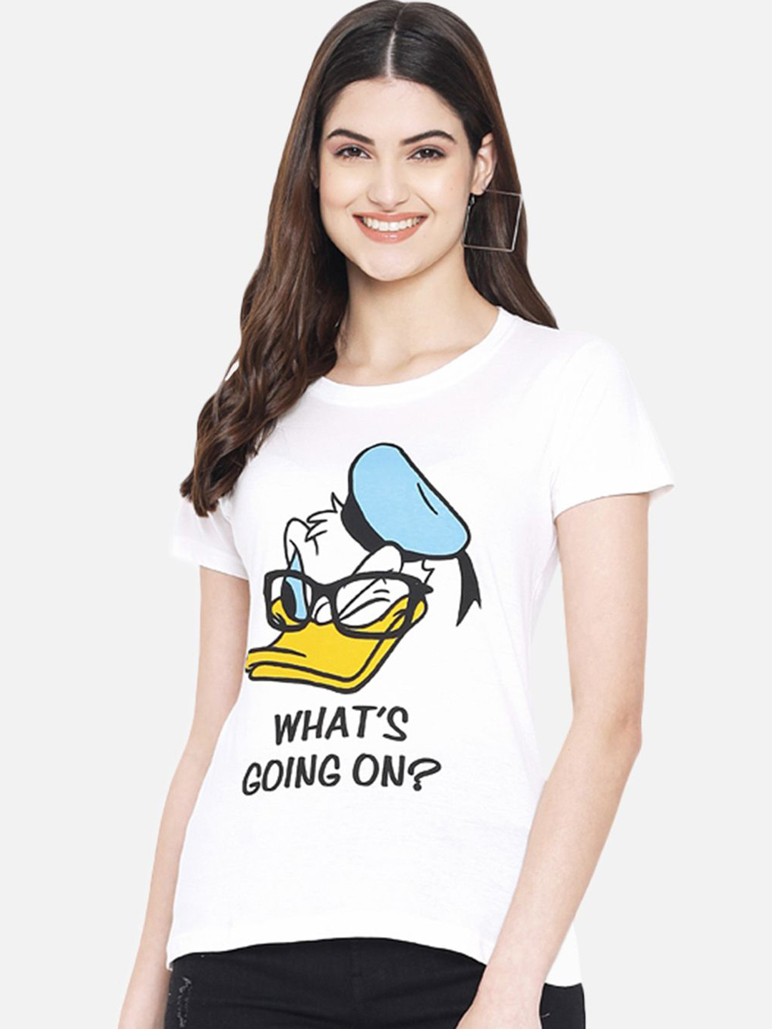 

Tromko Women Donald Duck Typography Printed Round Neck Regular Fit Cotton T-shirt, White