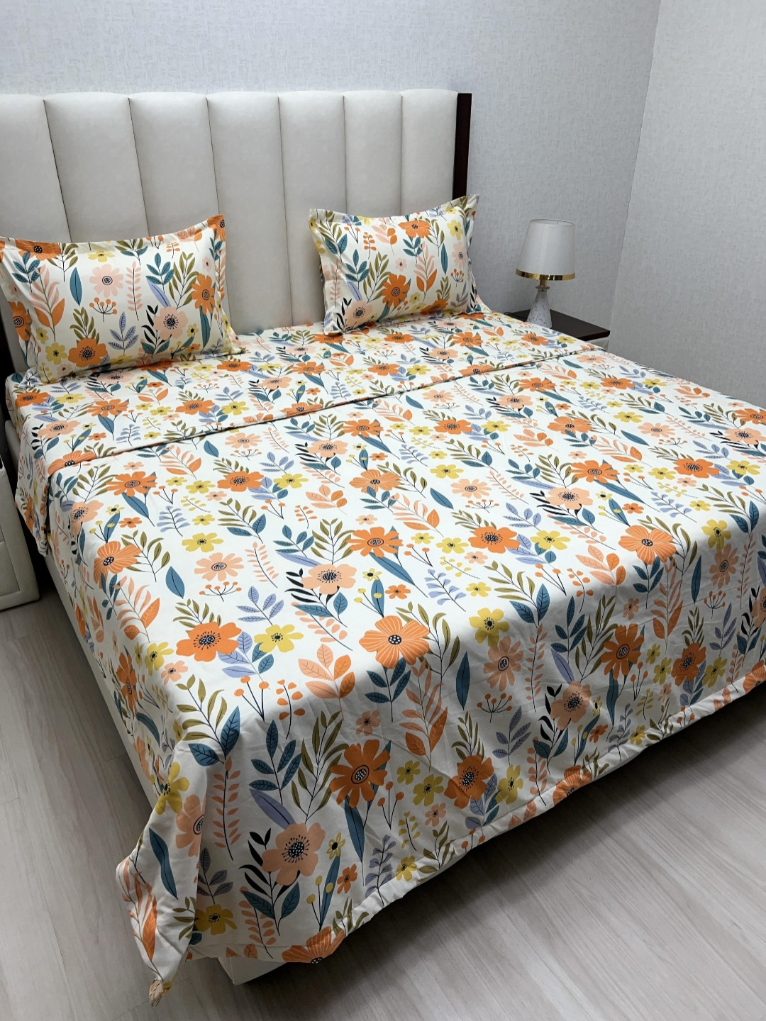 

Pure Decor White & Orange Floral Printed Fine Double King Size Bedding Set
