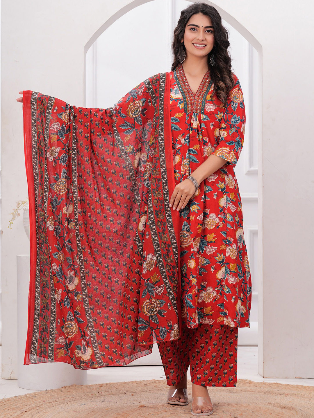 

VASUPRADA Women Floral Printed Regular Sequinned Pure Cotton Kurta with Palazzos & With Dupatta, Red