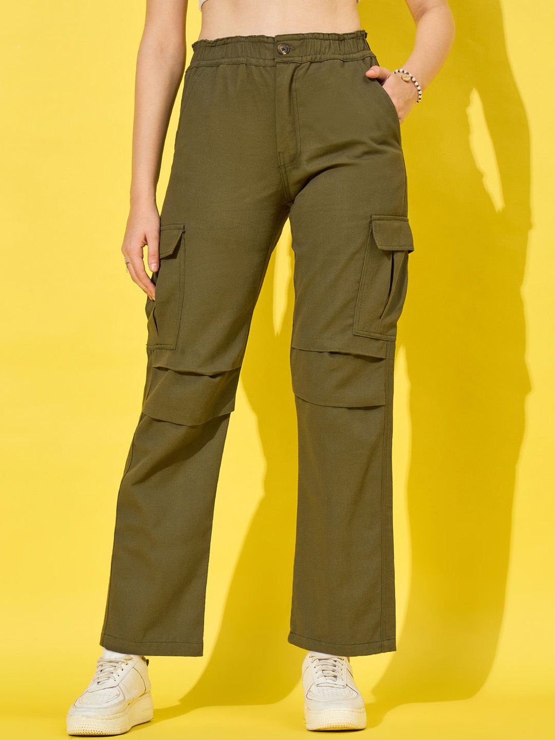 

DIMPY GARMENTS Women Relaxed High-Rise Cargos Trousers, Olive