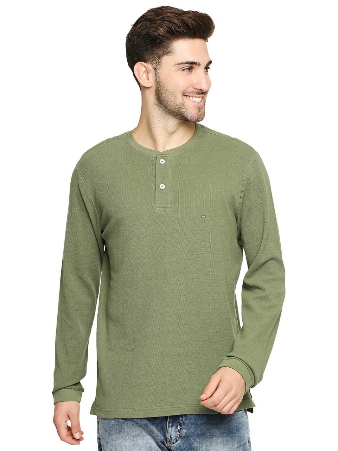 

Basics Men Solid Henley Neck Cotton Boxy T-shirt, Olive