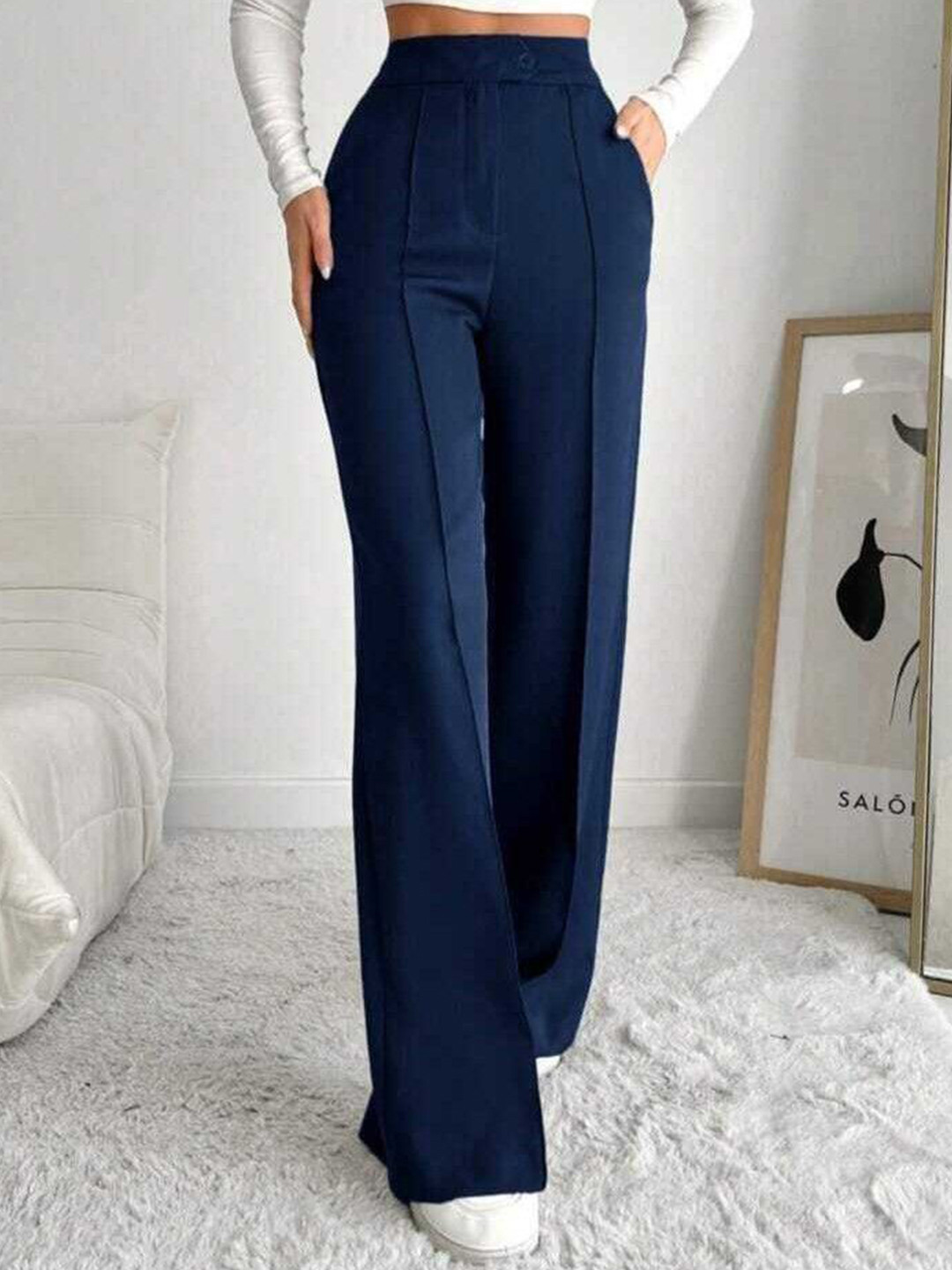 

Next One Women Smart Straight Fit High-Rise Easy Wash Pleated Trousers, Navy blue
