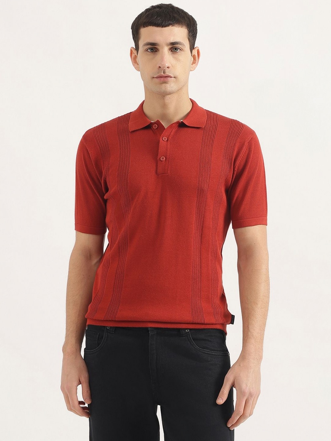 

United Colors of Benetton Men Self Design Polo Collar Cotton T-shirt, Rust