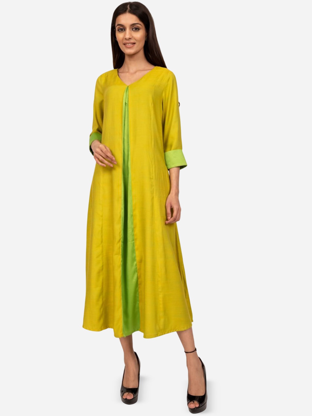 

INDIE JHOLA V-Neck Fit & Flare Ethnic Dress, Green