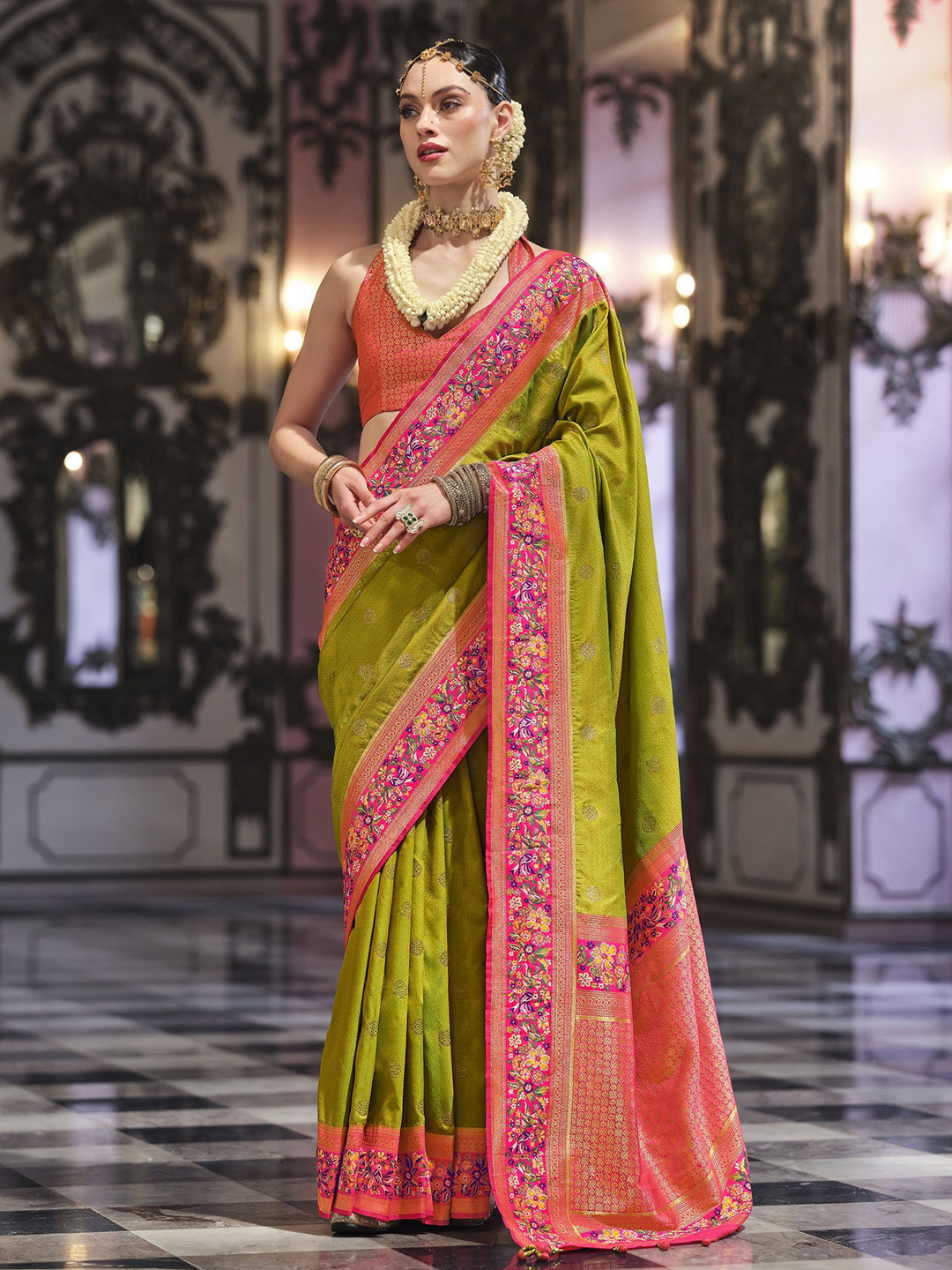 

MAHALASA Woven Design Zari Pure Silk Kanjeevaram Saree, Olive