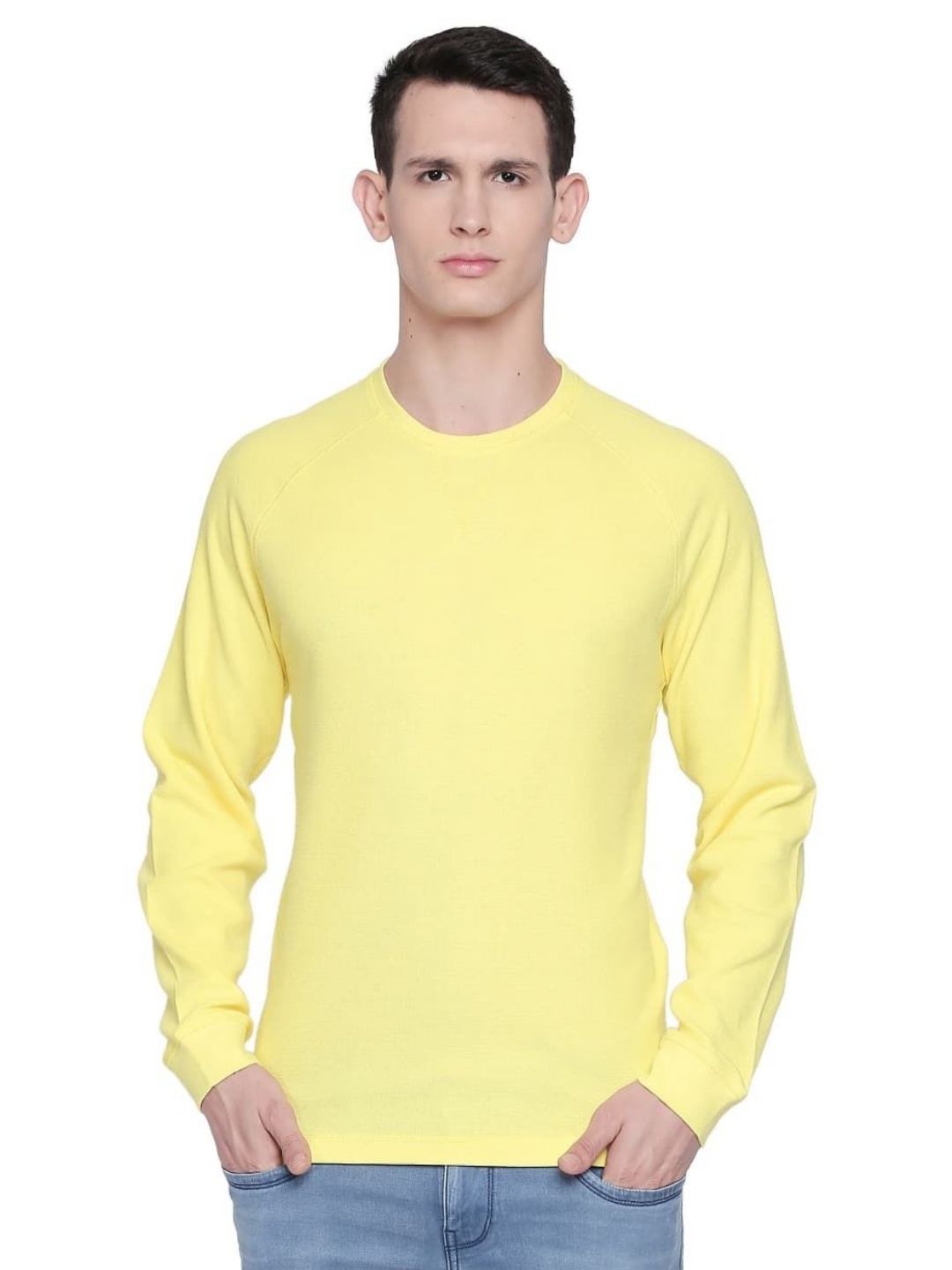 

Basics Men Solid Round Neck Cotton T-shirt, Yellow