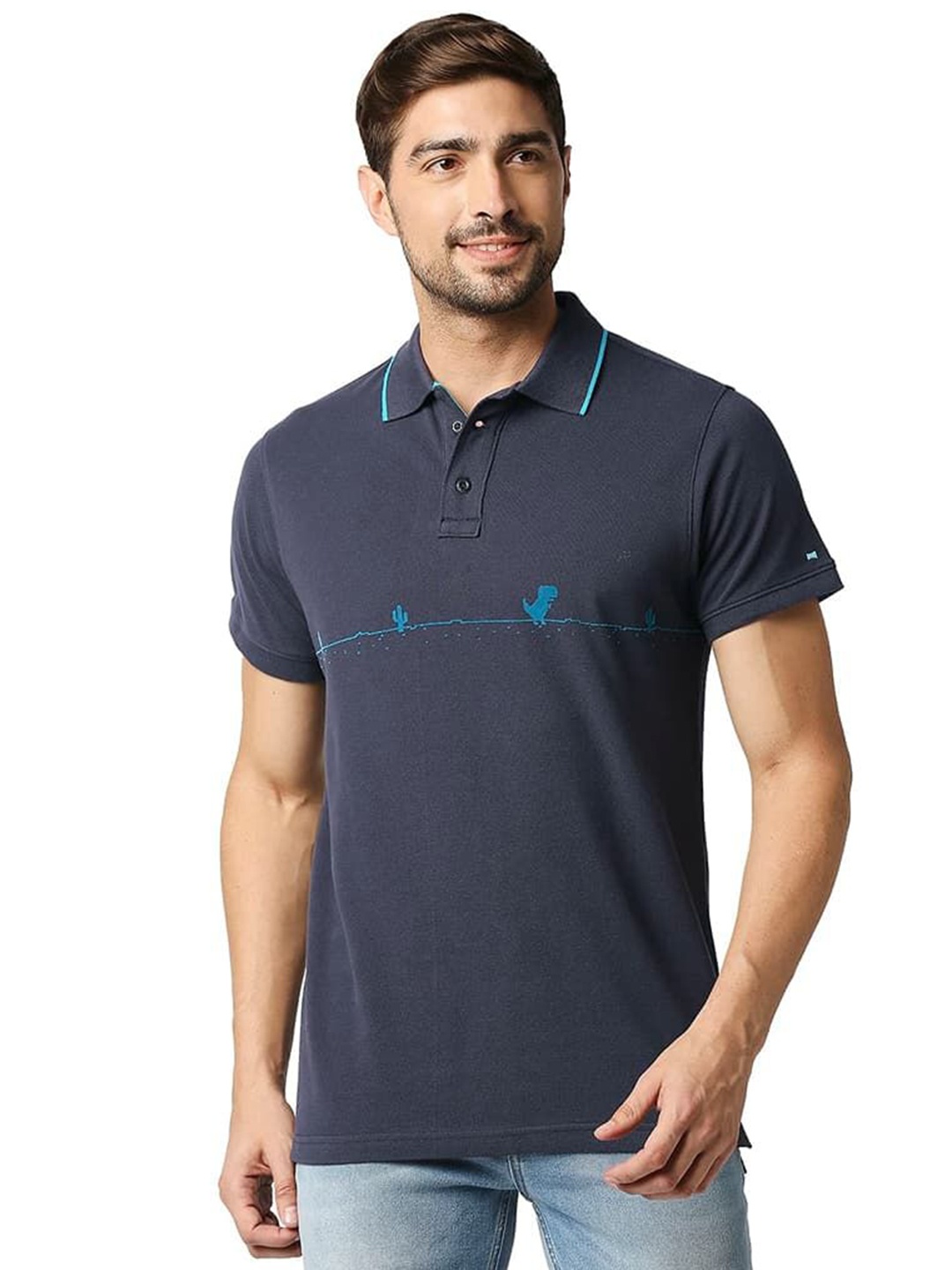 

Basics Men Graphic Printed Polo Collar Cotton T-shirt, Navy blue