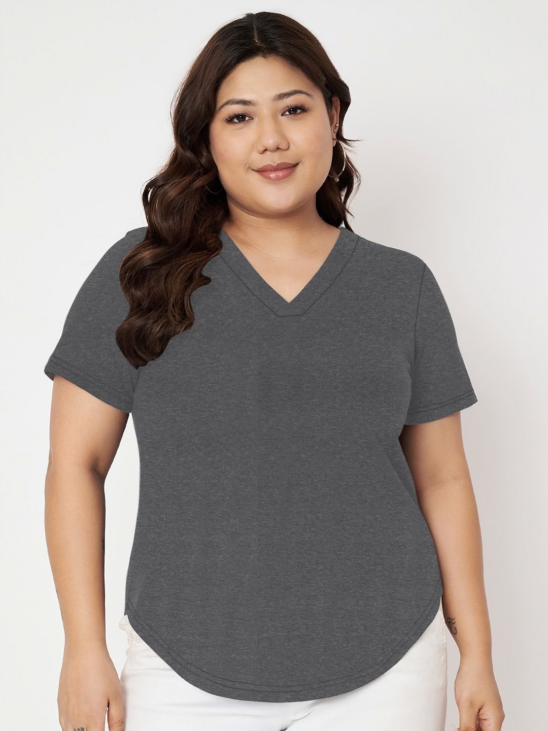 

BRINNS Women Plus Size Solid V-Neck Cotton T-shirt, Charcoal