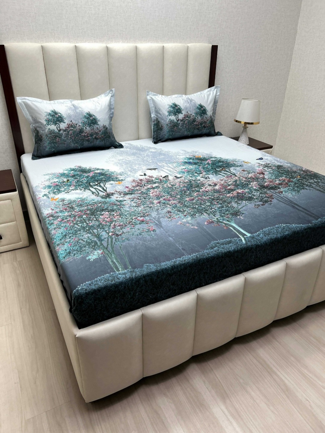 

Pure Decor Blue Floral Printed 500 TC Pure Cotton King Bedsheet Set 2.74 m x 2.74 m, Green
