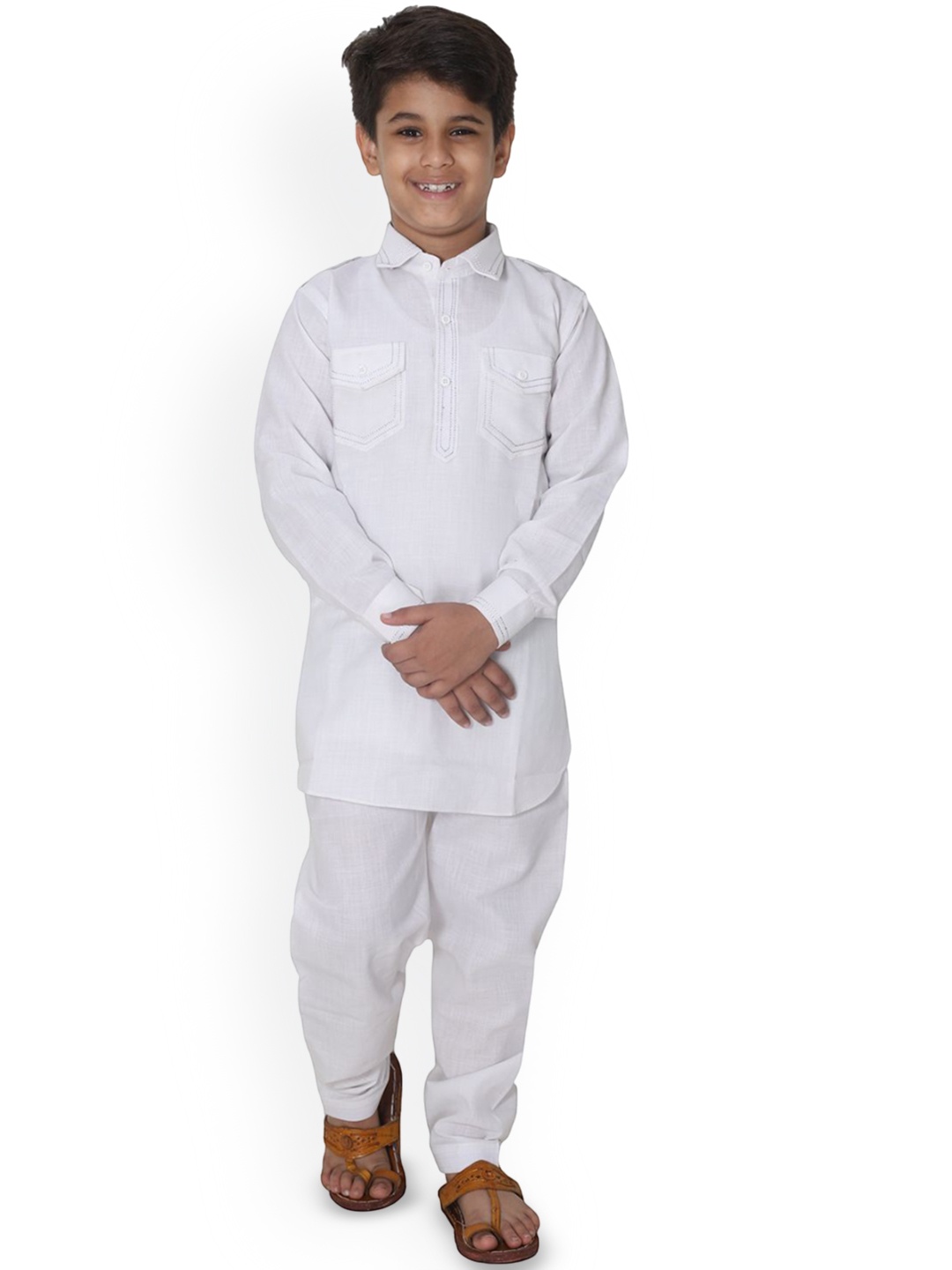 

BAESD Boys Long Sleeves Shirt Collar Pathani Kurta With Pyjamas, White