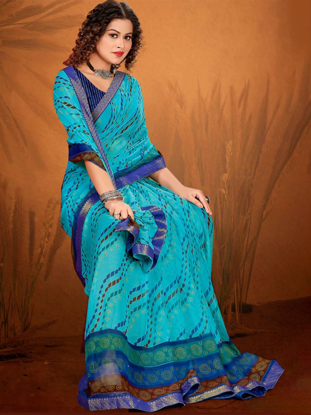 

SHOPPKEE Striped Sequinned Poly Chiffon Designer Banarasi Saree, Blue