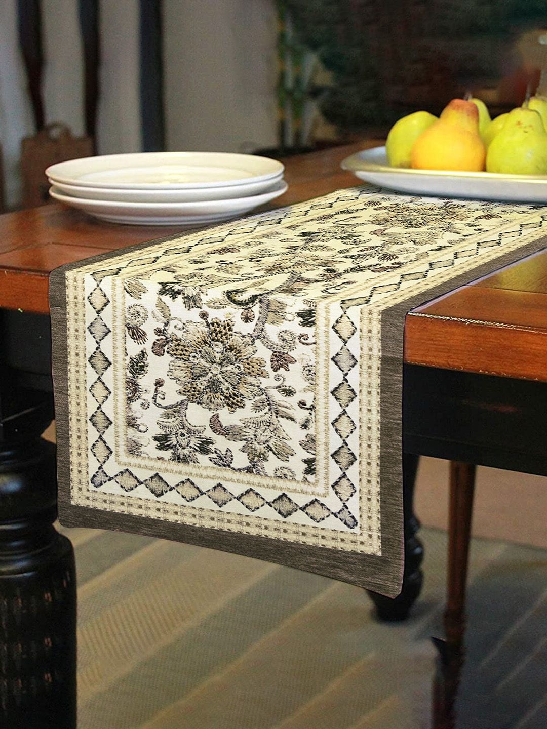 

Kuber Industries Brown & White Floral Embroidered Velvet Table Runner