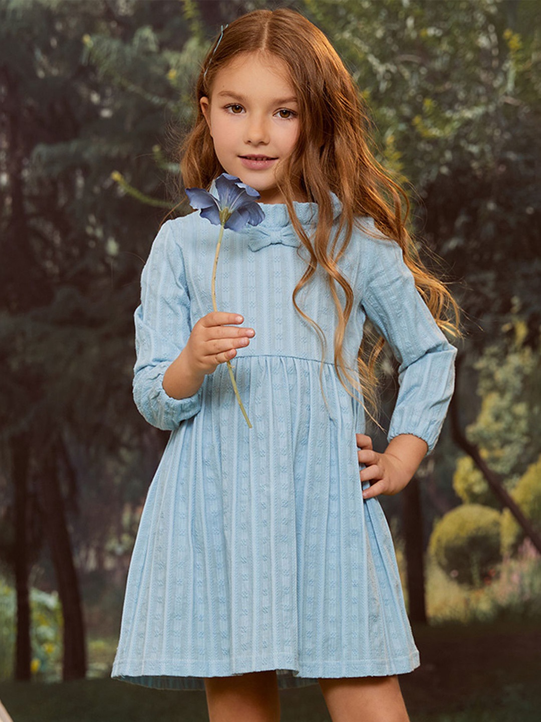 

LULU & SKY Girls Cotton Striped Mock Neck Fit and Flare Dress, Blue