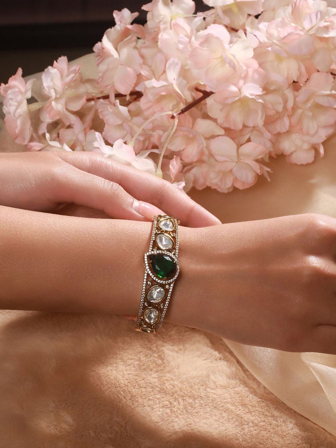 

Saraf RS Jewellery Women Brass Cubic Zirconia Handcrafted Gold-Plated Bangle-Style Bracelet