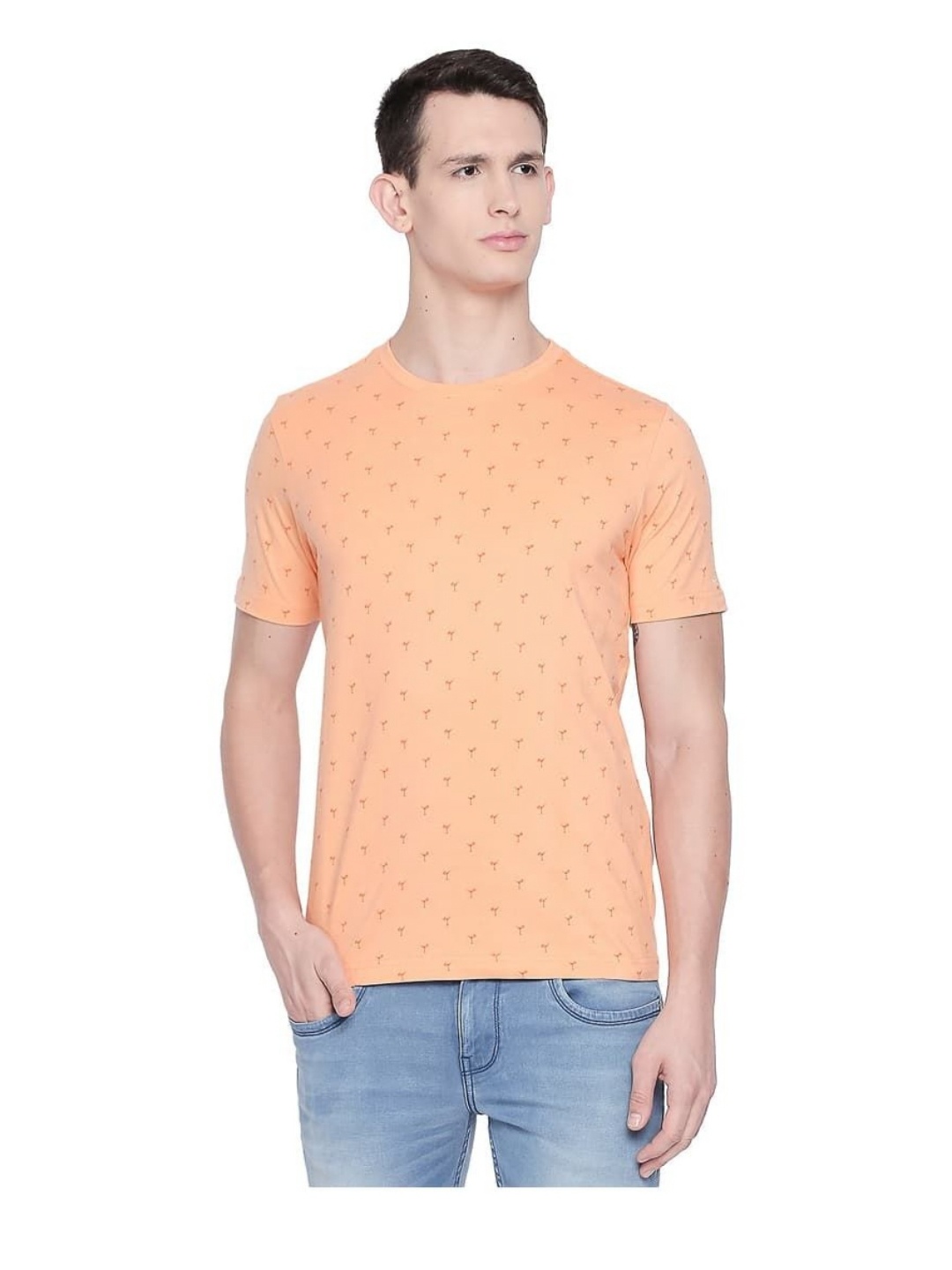 

Basics Men Conversational Printed Round Neck Cotton T-shirt, Peach