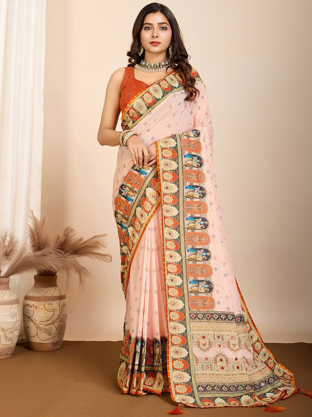 

Satrani Embellished Mirror Work Designer Saree, Cream